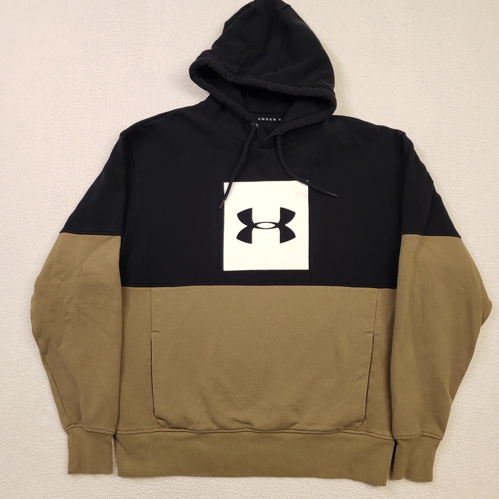 Under Armour Hoodie Mens Large‎ Black Tan Colorblock Logo Sweatshirt Colorblock